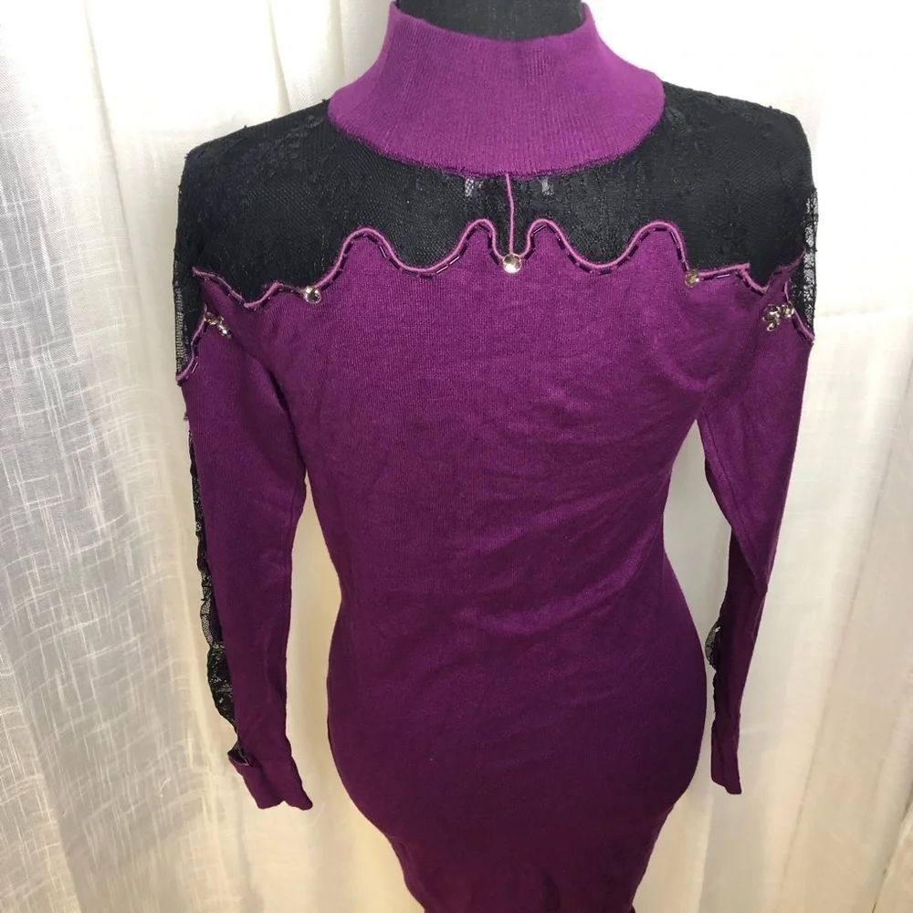 VENUS Purple and Black Lace Mini Sweater Dress NWOT